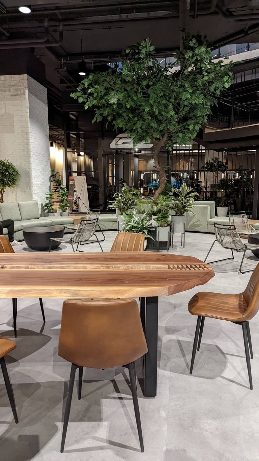 Altea Active Toronto Tree Lounge, live-edge communal table in the foreground, lounge seating beyond