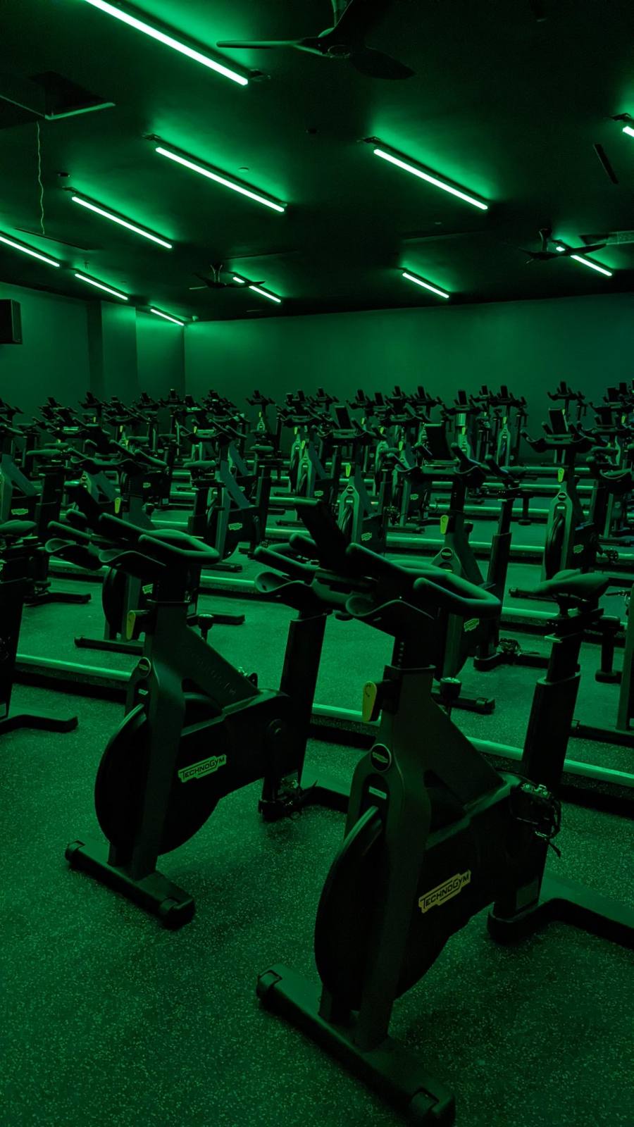 Altea Active Toronto cycling studio, 75 Technogym bikes under green neon lighting